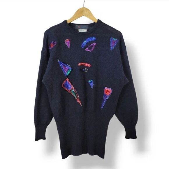 NEW Vintage Escada Wool and Mohair Sequin Embellished Tunic Sweater in Navy Blue - Picture 1 of 9